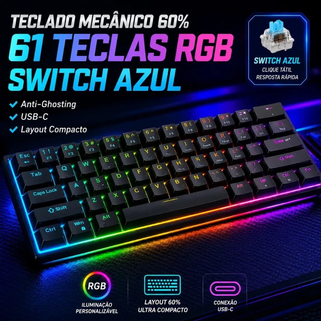 Teclado Mecânico Gamer KP-TE152 63 Teclas Switch Azul