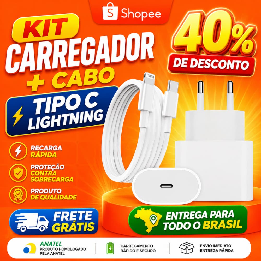 Kit Carregador Cabo Tipo C Lightning Para Celular iPhone Fonte Carregamento Rápido IOS ANDROID 20W