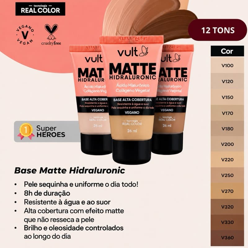 Validade Curta 10/26 Base líquida matte Vult V320