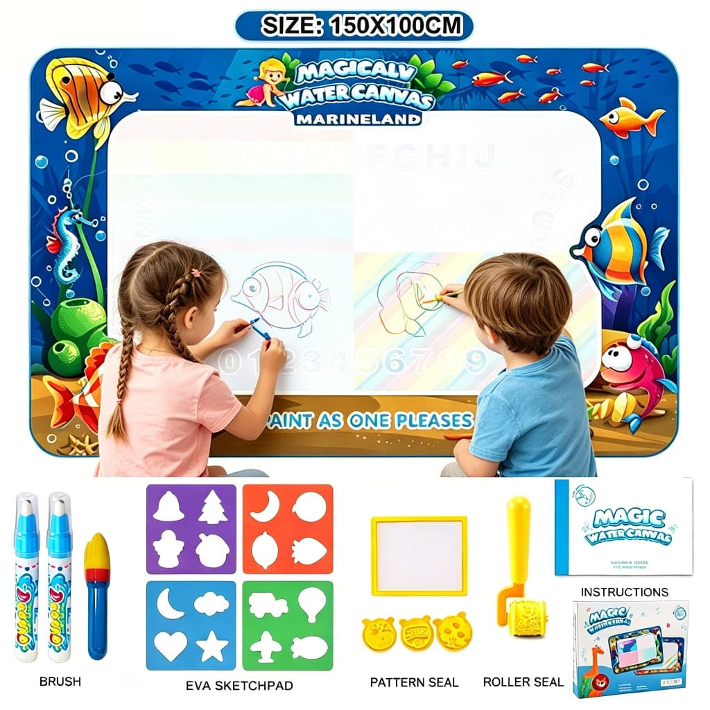 Tapete Mágico Água 100x80cm | 2 Canetas + 4 Moldes | Brinquedo Educativo Sem Sujeira