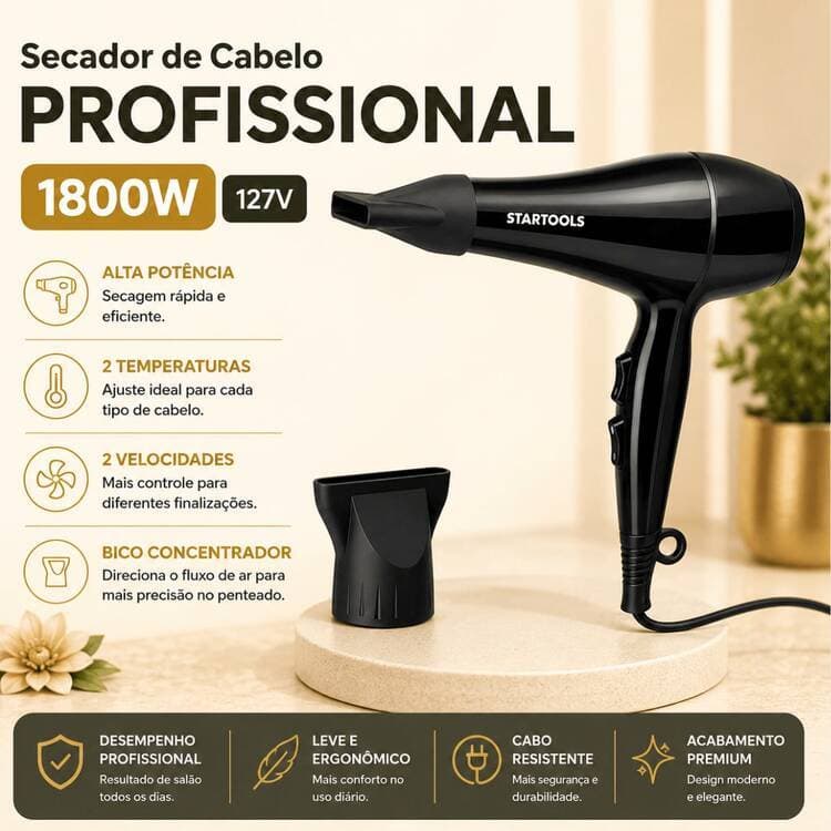 Secador De Cabelo Profissional Funcional Salão Cabeleireiro 1800W 127V Preto Startools 2 Velocidades