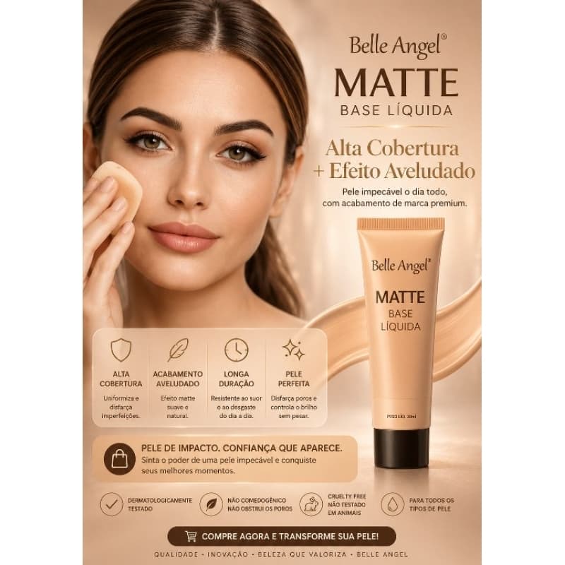 Base Líquida Matte Alta Cobertura 30ml Belle Angel | Efeito Aveludado Longa Duração 6 Cores