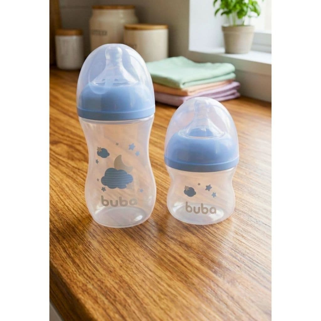 Kit com 2 mamadeiras buba cor azul anticólica menino bebê 270ml 120ml nuvem presente chá de bebê leite suco água