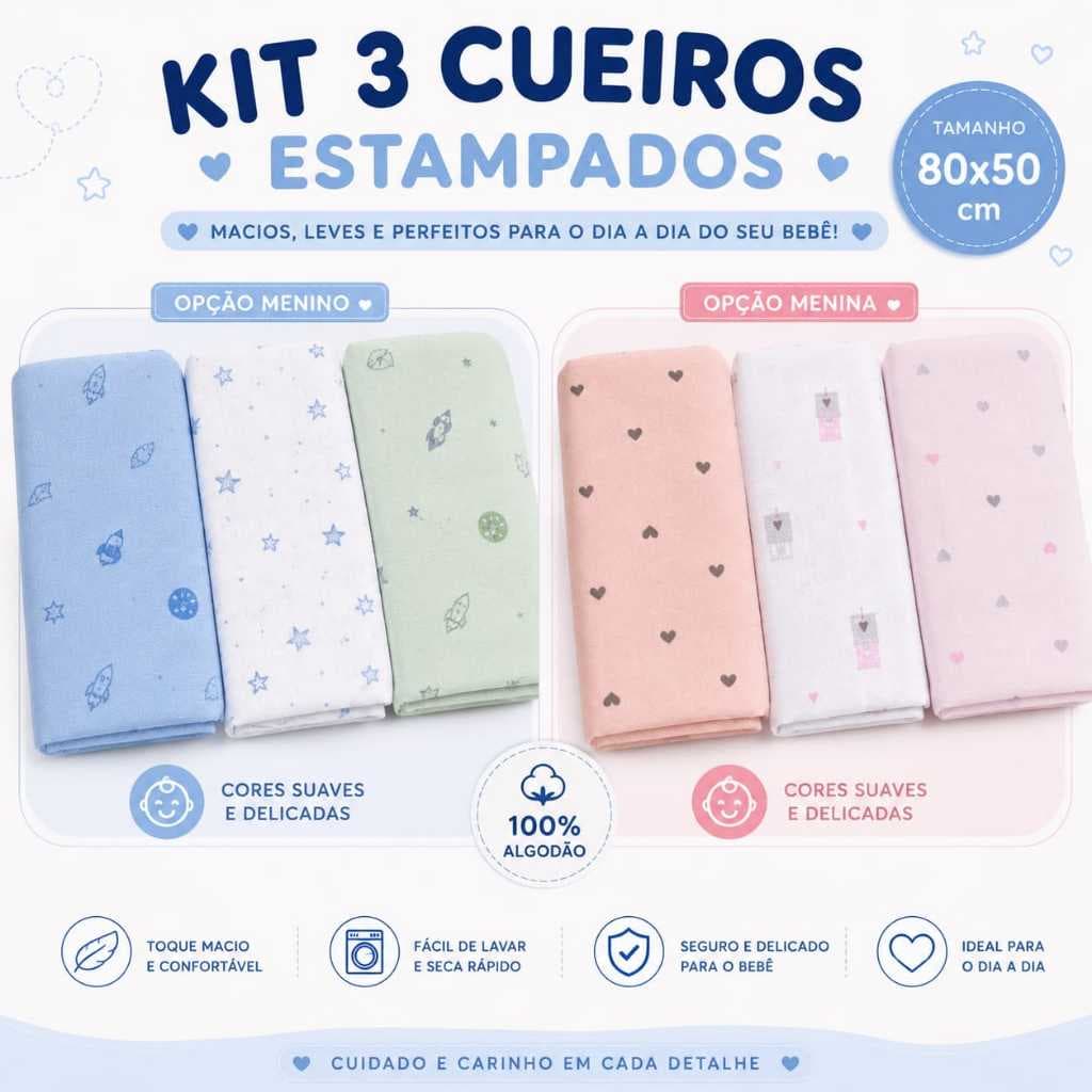 Kit 3 Cueiros Bebê 80x50 Menino Ou Menina Macio Enxoval
