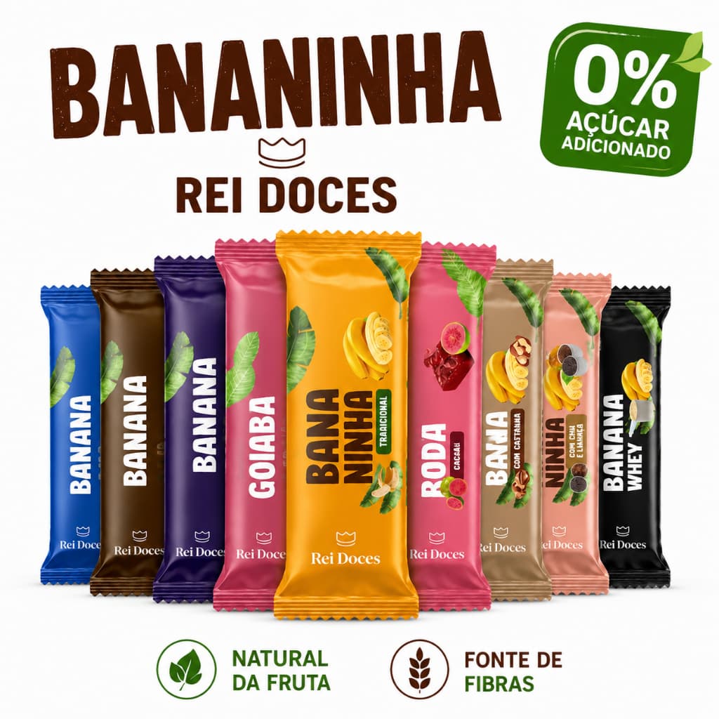 Bananinha 0% Açúcar Snack Barrinha Natural Saudável Energia Rápida Sem Glúten 24 unid por caixa