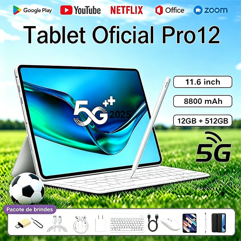 Tablet  Pro12Max com Teclado e Mouse Grátis | 12GB RAM 512GB | Tela HD 11.6" | Android 15 | 5G