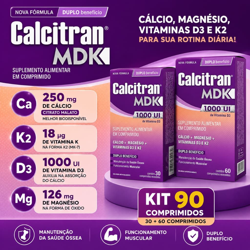 Kit Calcitran MDK 90 Comprimidos Calcio Vitamina D3 e K2