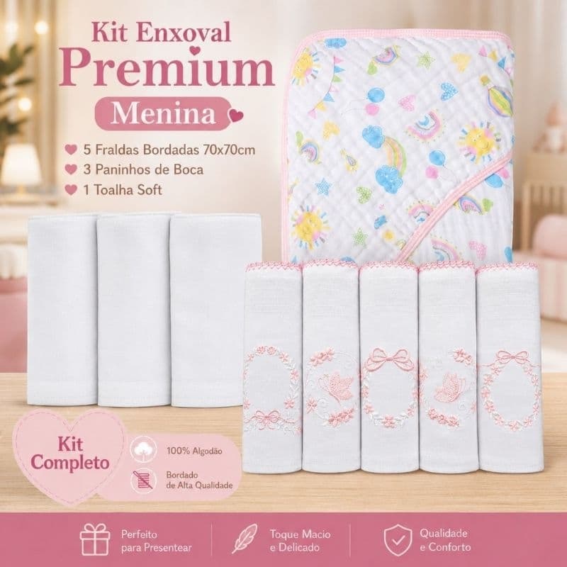 Kit Enxoval Premium 5 Fraldas bordadas 70x70 cm + 3 Pano Boca + Toalha Soft Bebê Recém nascido maternidade enxoval neném