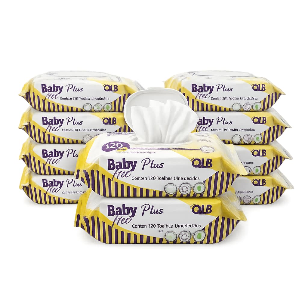 Caixa com 10 Lenços/Toalhas Umedecidas Baby Free Plus c/ 120 Unidades Cada – Tampa FlipTop
