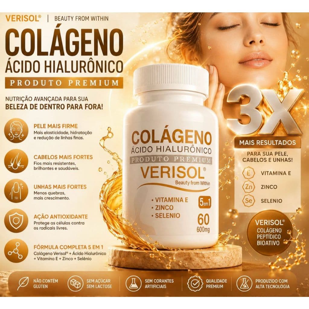 3 Colágeno Hidrolisado Verisol Premium Original com Vitamina E - 180 Cápsulas - Arkad Suplementos - Envio Rápido