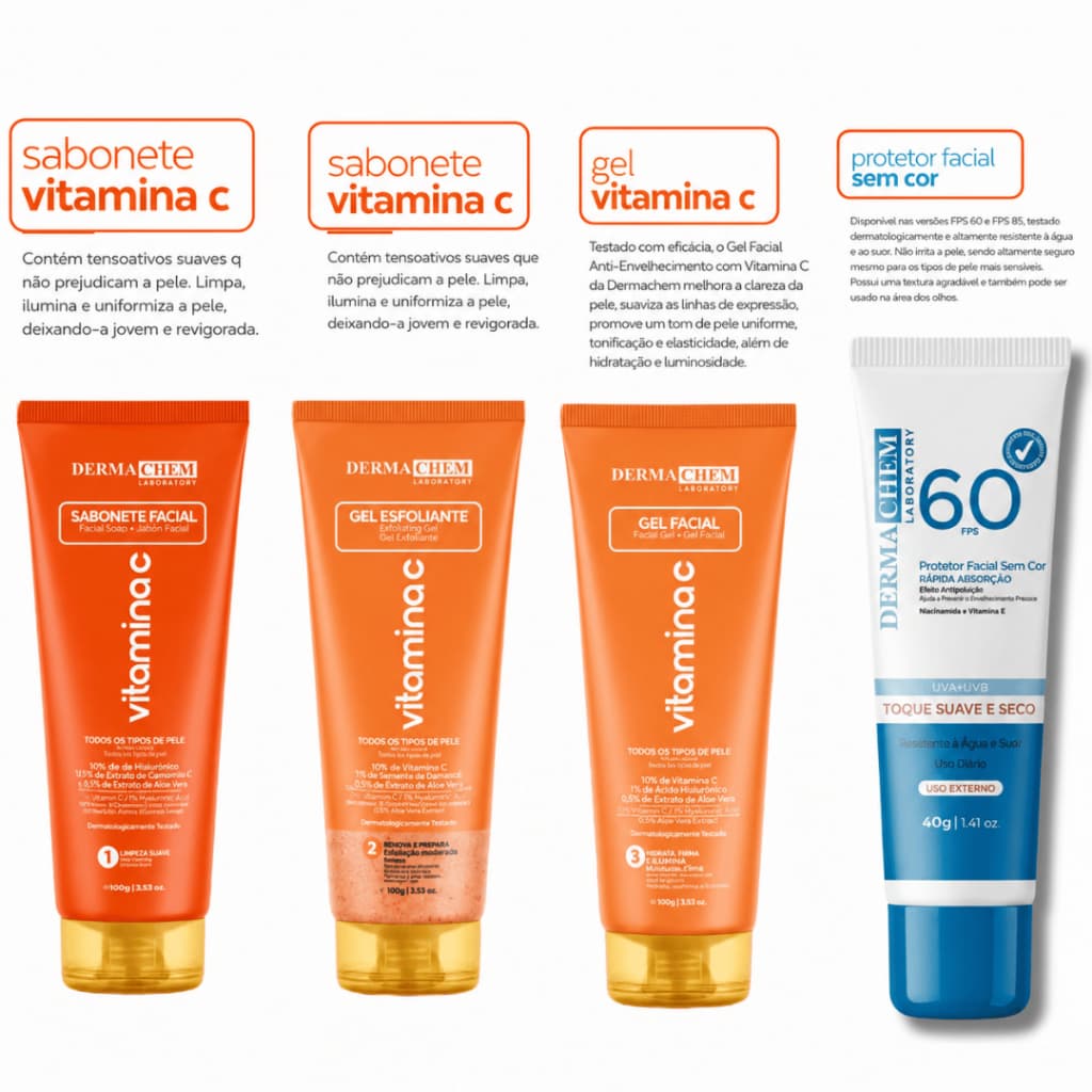 KIT 4 - SABONETE VITAMINA C ANTI IDADE 100 ML + GEL ESFOLIANTE VITAMINA C 100G DERMACHEM + GEL FACIAL + PROTETOR SOLAR