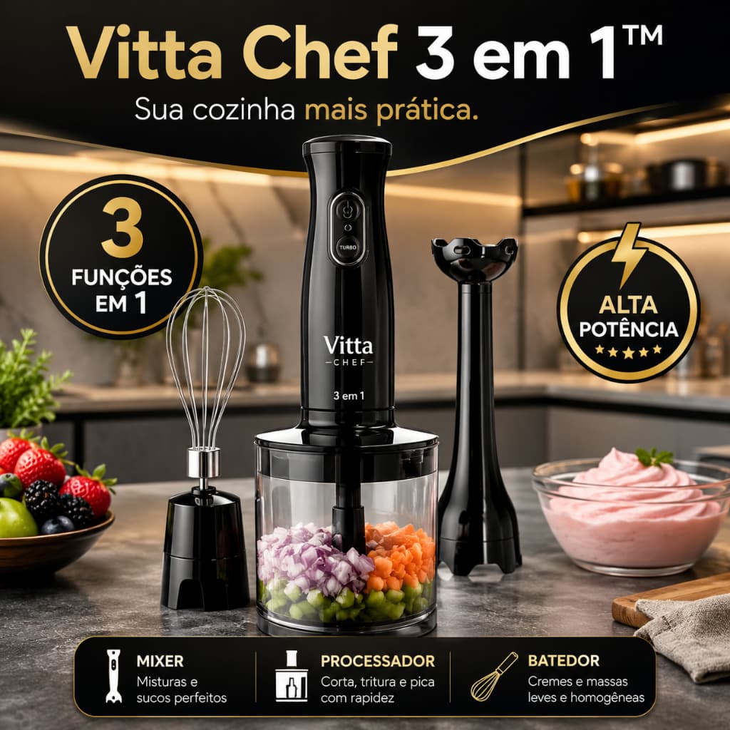 Mixer Multiprocessador 3 em 1 Potente Vitta Chef | Liquidificador, Processador e Batedor de Alimentos com Acessórios