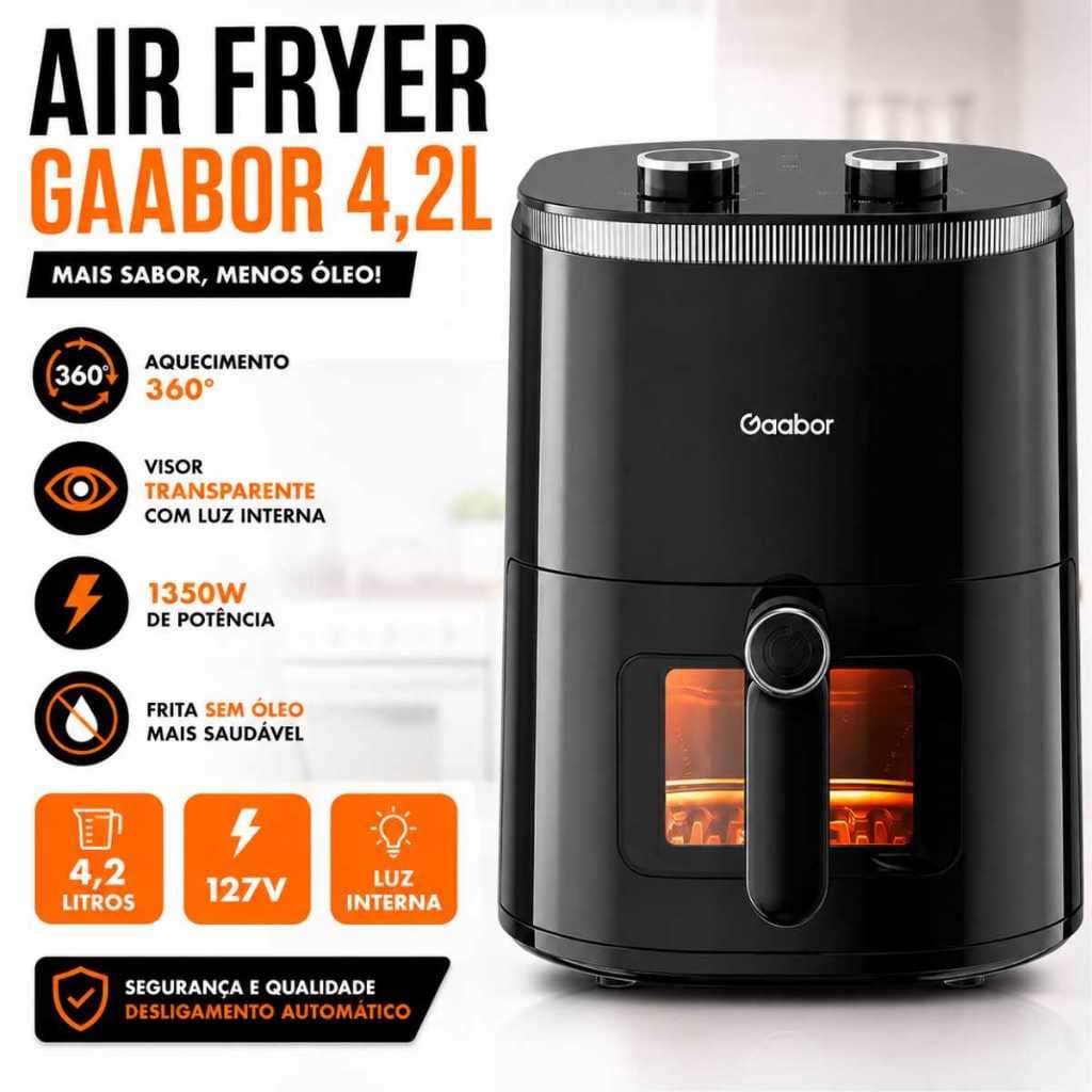 Air Fryer Sem Óleo Fritadeira Gaabor 4,2L Visor Duo 1350W 127V