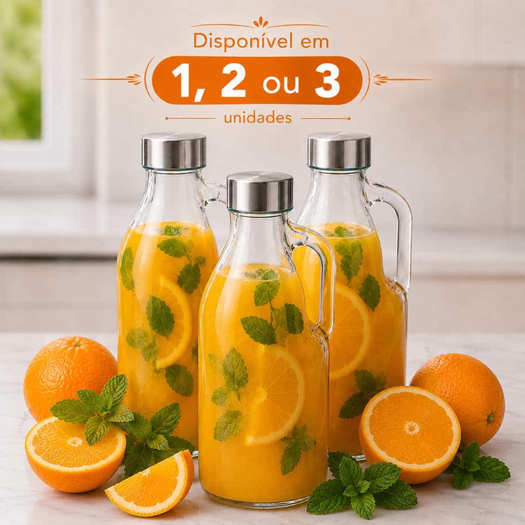 Garrafa Com Alça de Vidro 1 Litro Transparente Tampa Inox Hermética Água Suco Geladeira