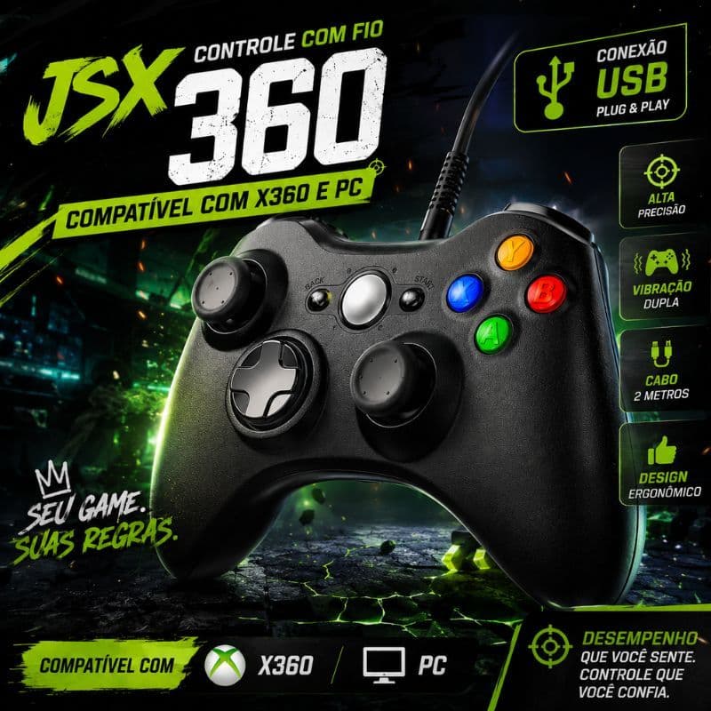 Controle Gamer USB KAP-360 Com Fio Dual Shock Vibração 2,1m Compatível Xbox 360 PC Notebook