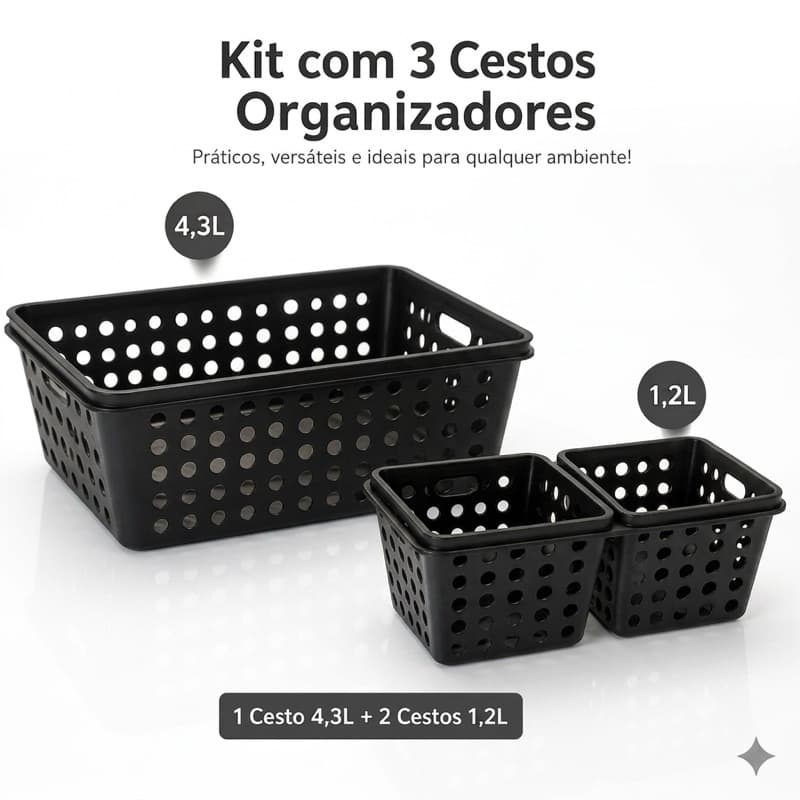 Kit 3 Cestos Organizadores De Plástico Organizador De Armário Banheiro Lavanderia Caixa Organizadora Preta Multiuso