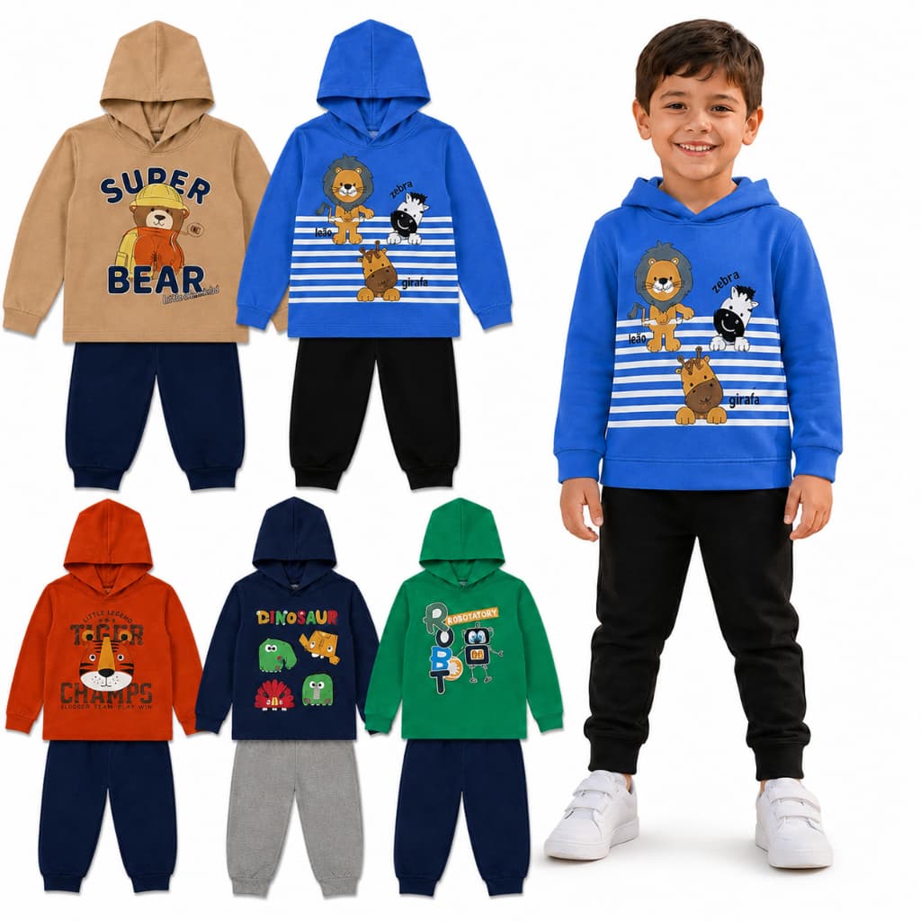 Conjunto Moletom Infantil Menino Peluciado Com Capuz do  01 ao 08 Anos | Casaco com Capuz + Calça de Moletom Inverno