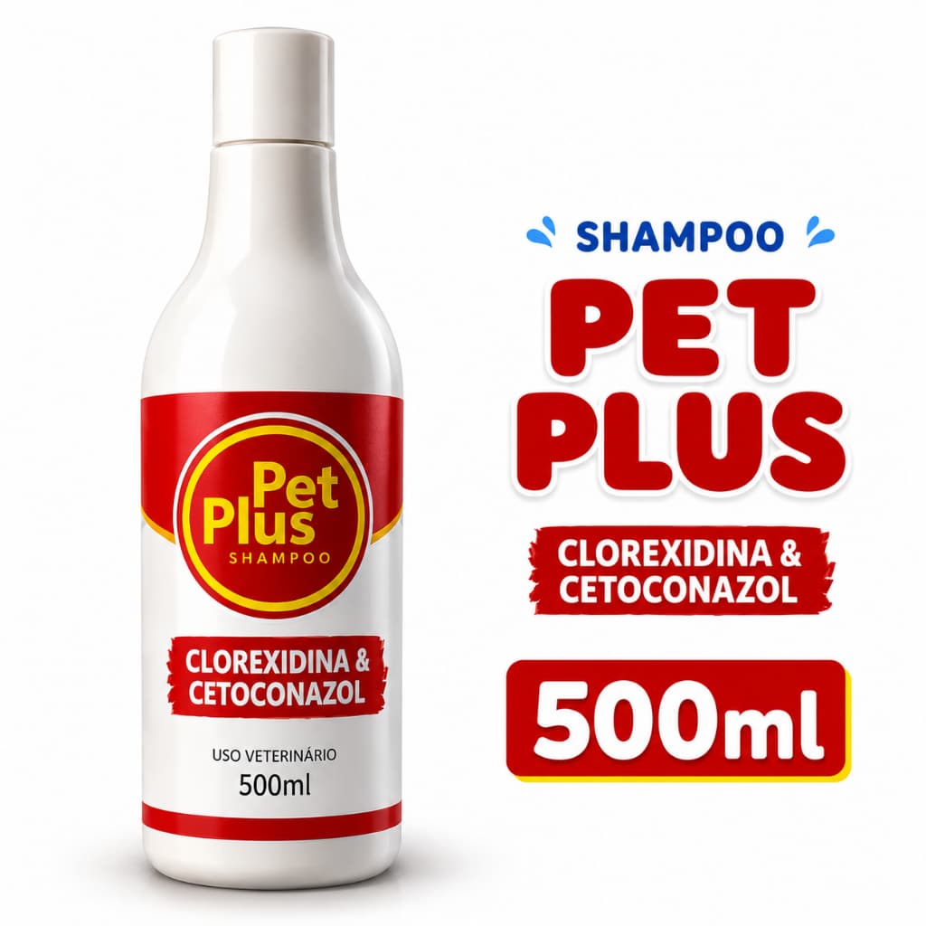 Shampoo Cetoconazol e Clorexidina Pet Plus Coceira Dermatite Para Cães e Gatos 500ml Higiene