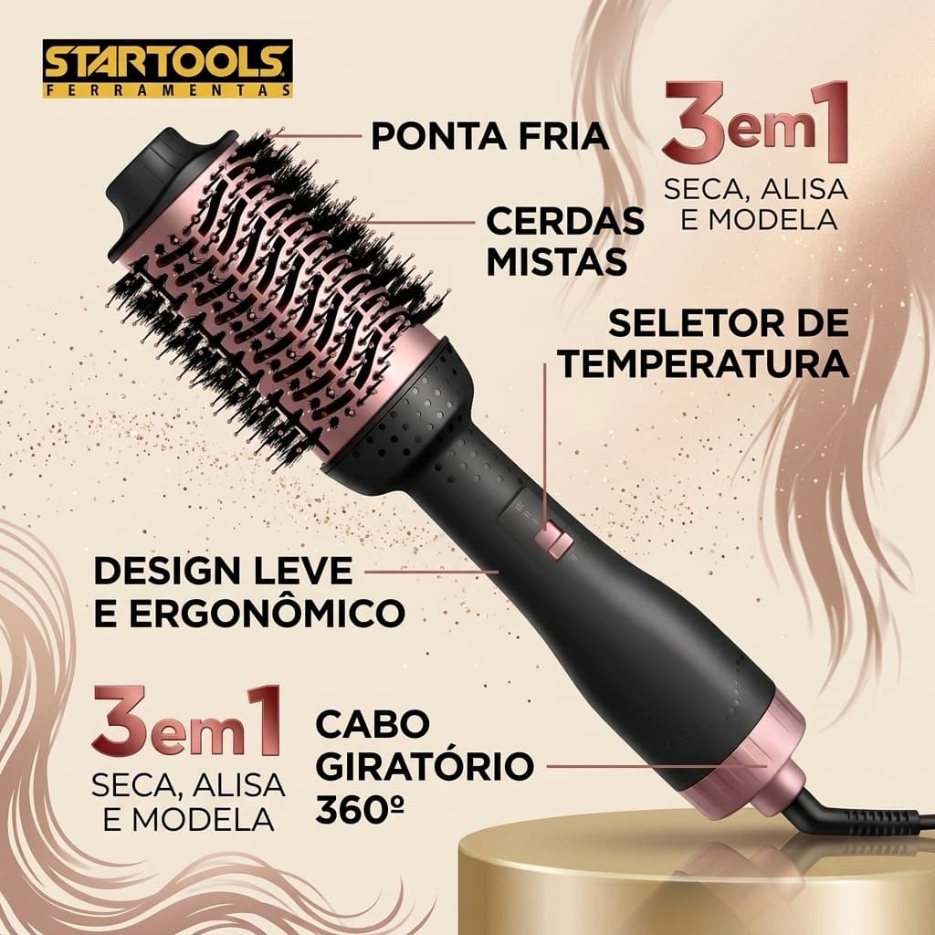 Escova Secadora e Alisadora 3 em 1 Profissional Bivolt 1300W Modeladora de Cabelo