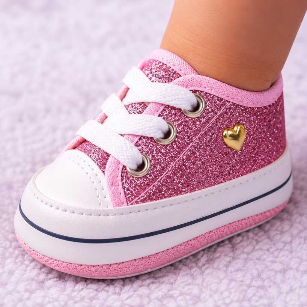 Tênis Infantil Para Menina Glitter Para Bebes Coração Meninas Cadarço Confortável Macio