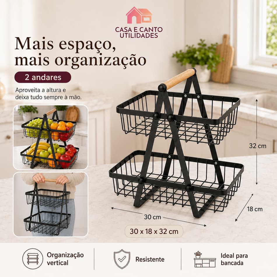 Fruteira de Bancada em Acrílico Ferro Bambu Cozinha Premium Organizador de Mesa Decorativo Multiuso