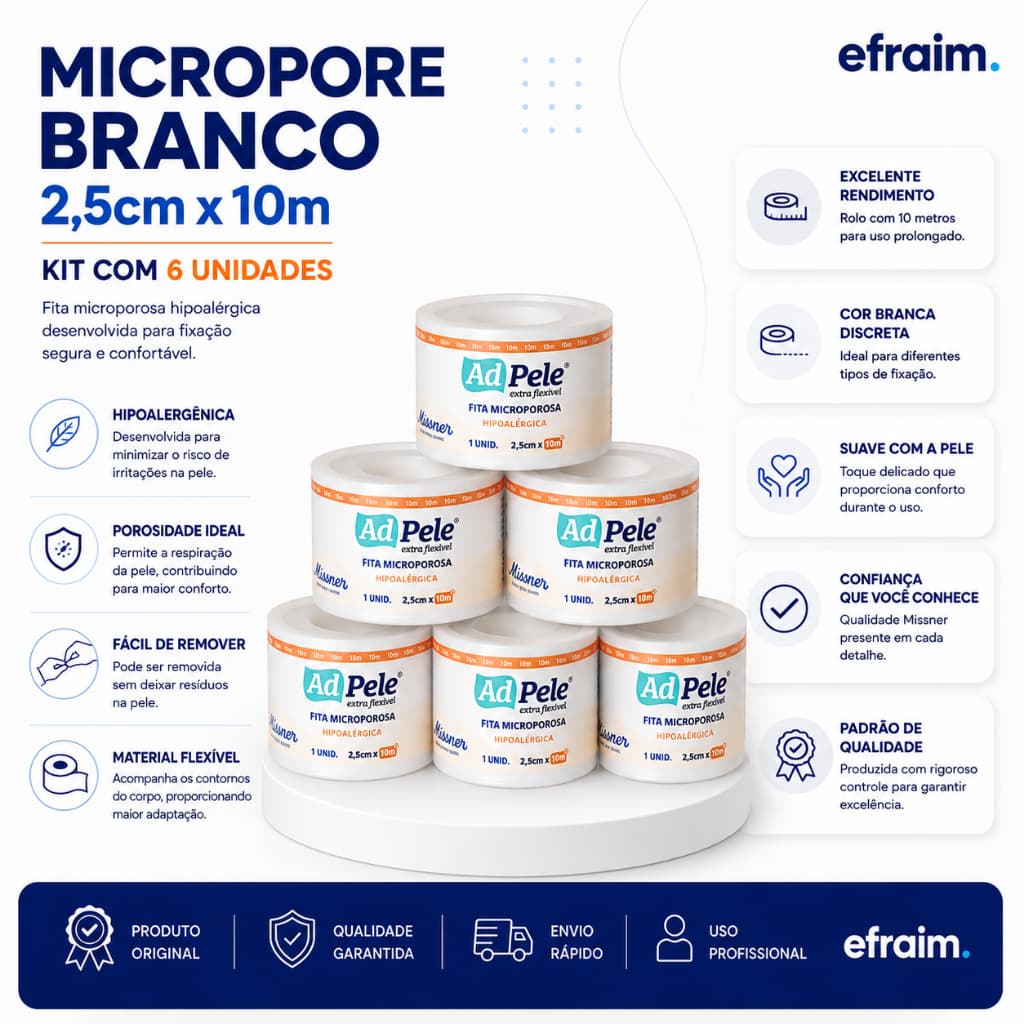 Micropore 2,5cm X 10m - Kit C/6 Unidades Branco Adpele