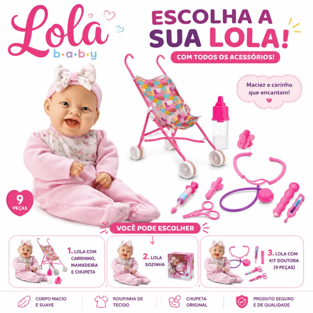 Boneca  Lola Com Chupeta Mamadeira Lola Baby Rosa Menina Brinquedo Infantil Bebê Kit Medica Doutora