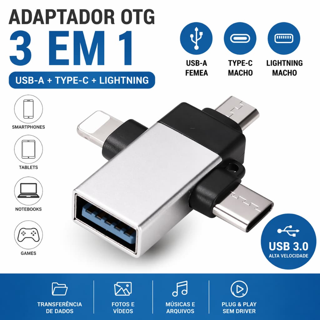 Adaptador OTG 3 em 1 USB Tipo C Para Android iPhone Conector Plug Play Smartphone Tablet Conversor