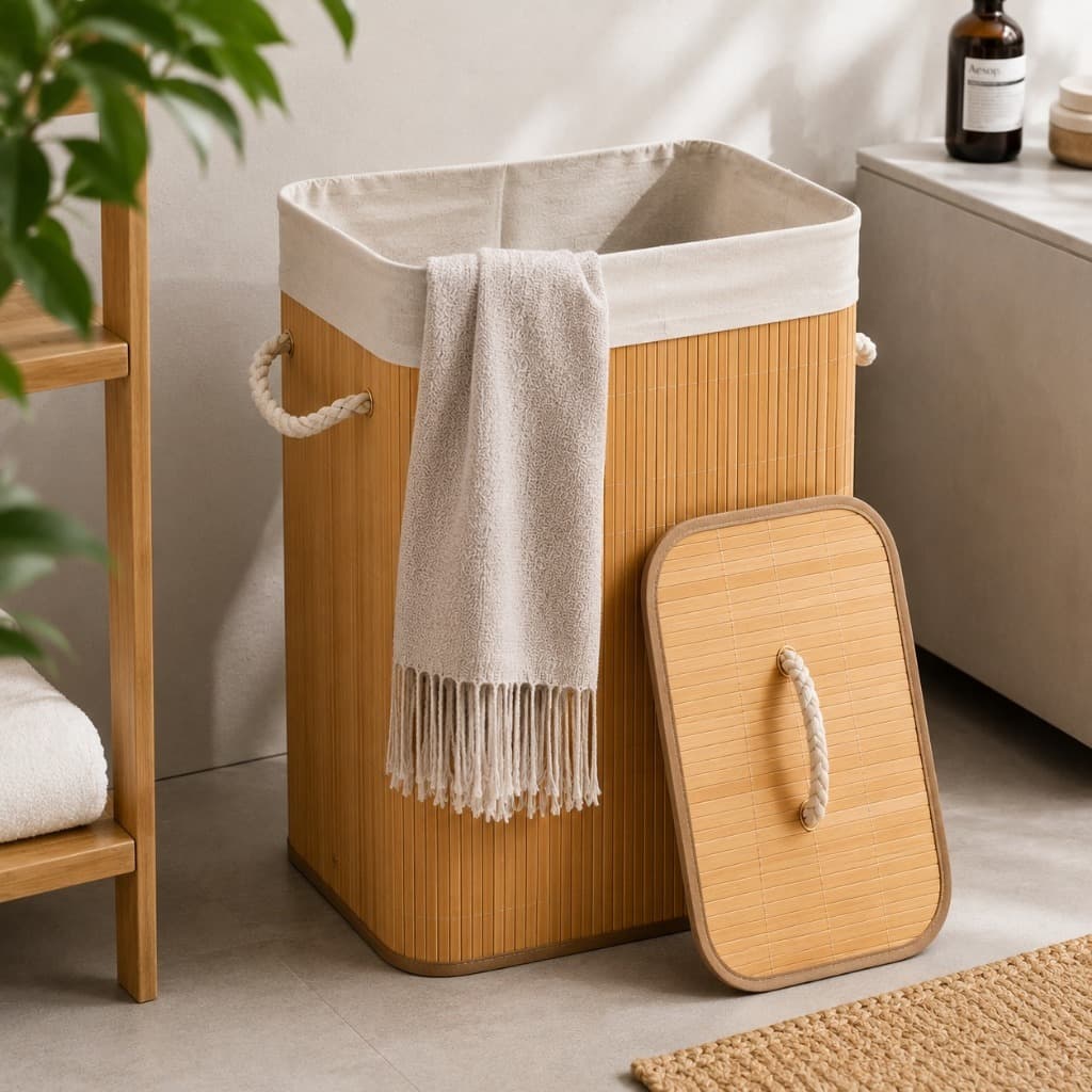 Cesto De Roupa Suja Bambu 72L Dobrável Grande Organizador Banheiro Lavanderia Com Tampa Forrado