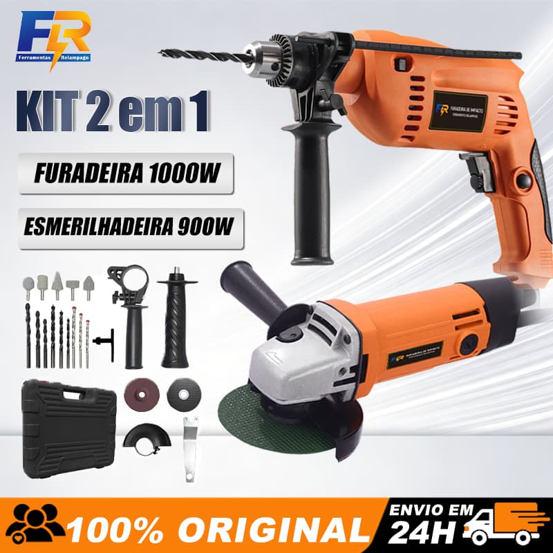 Kit 2 em 1 furadeira impacto e esmerilhadeira 900W 1000W para reformas caseiras