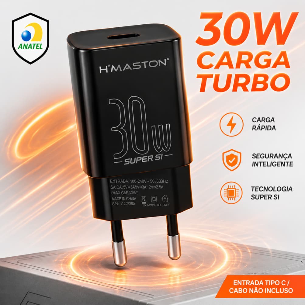 Carregador Rápido 30W Tipo C H'maston Y08 Homologado Anatel Compatível com Celulares