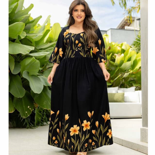 Vestido Longo Floral Elegante com Estampa Tropical e Manga Solta para Verão