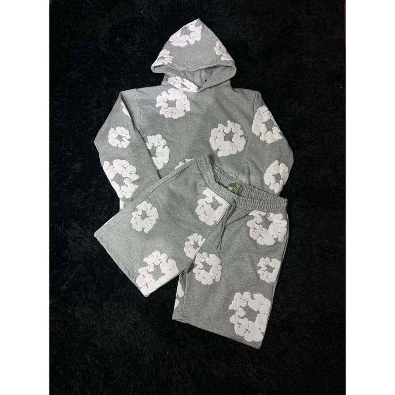 Conjunto Moletom Premium Cinza Estampado – Blusa com Capuz + Bermuda | Unissex