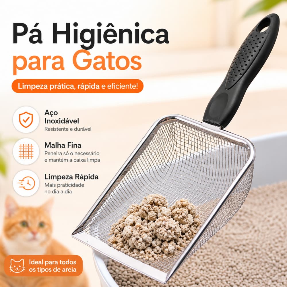 Pá Higiênica Inox para Gatos Malha Fina 2mm Coletora Areia Sanitária Fácil Limpeza