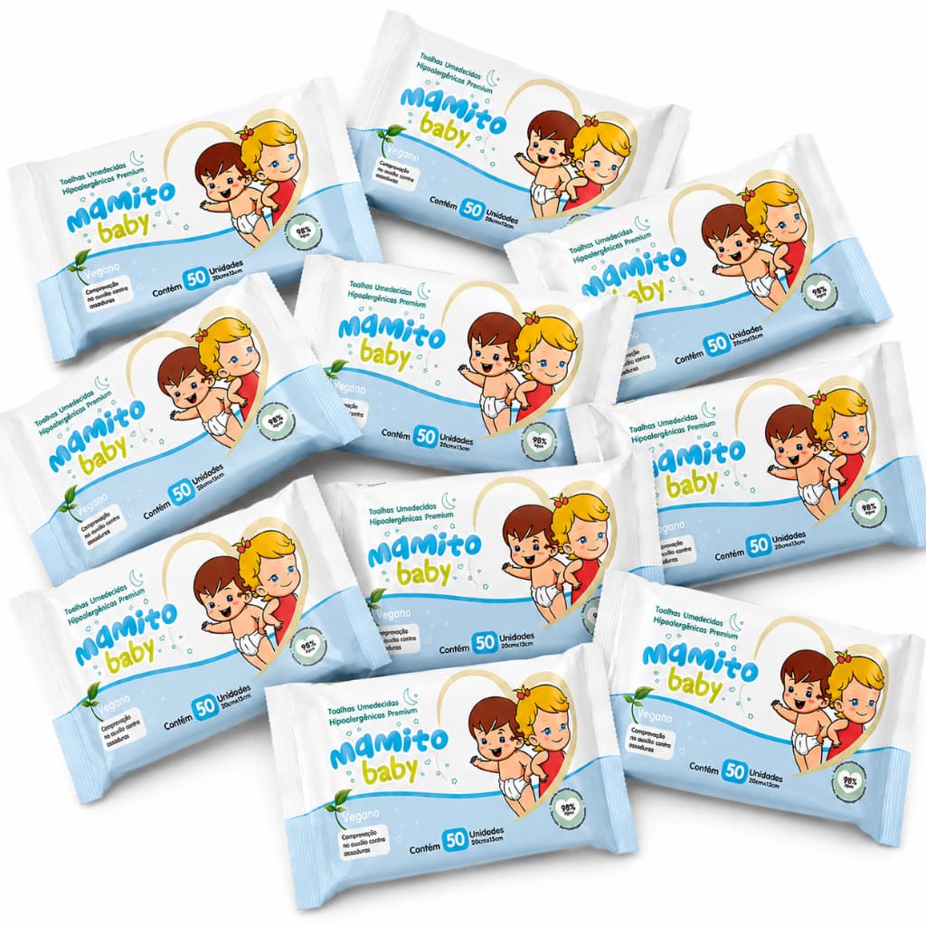 Kit 10 Lenços Umedecido 50 Folhas - Limpeza Suave Hidratação Pele Sensível Bebê - Mamito Baby