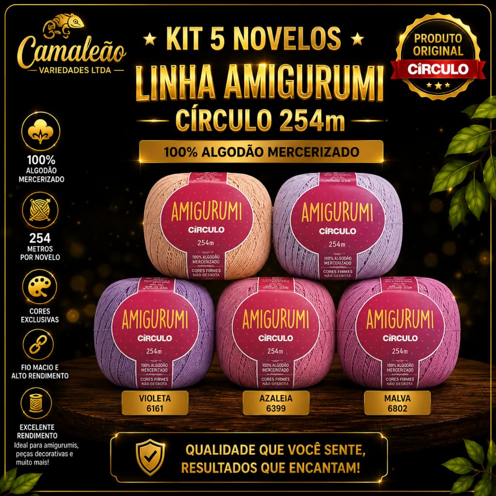 Kit 5 Novelos Linha Amigurumi Círculo 254m 100% Algodão para Crochê