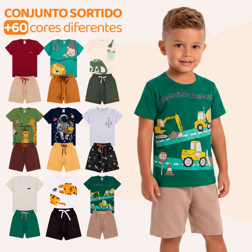 Kit Sortido 4, 10 ou 16 Peças de Roupas Infantil Bebê Menino Camisetas + Bermudas ou Roupa Bebê Conjunto Verão dia Calor