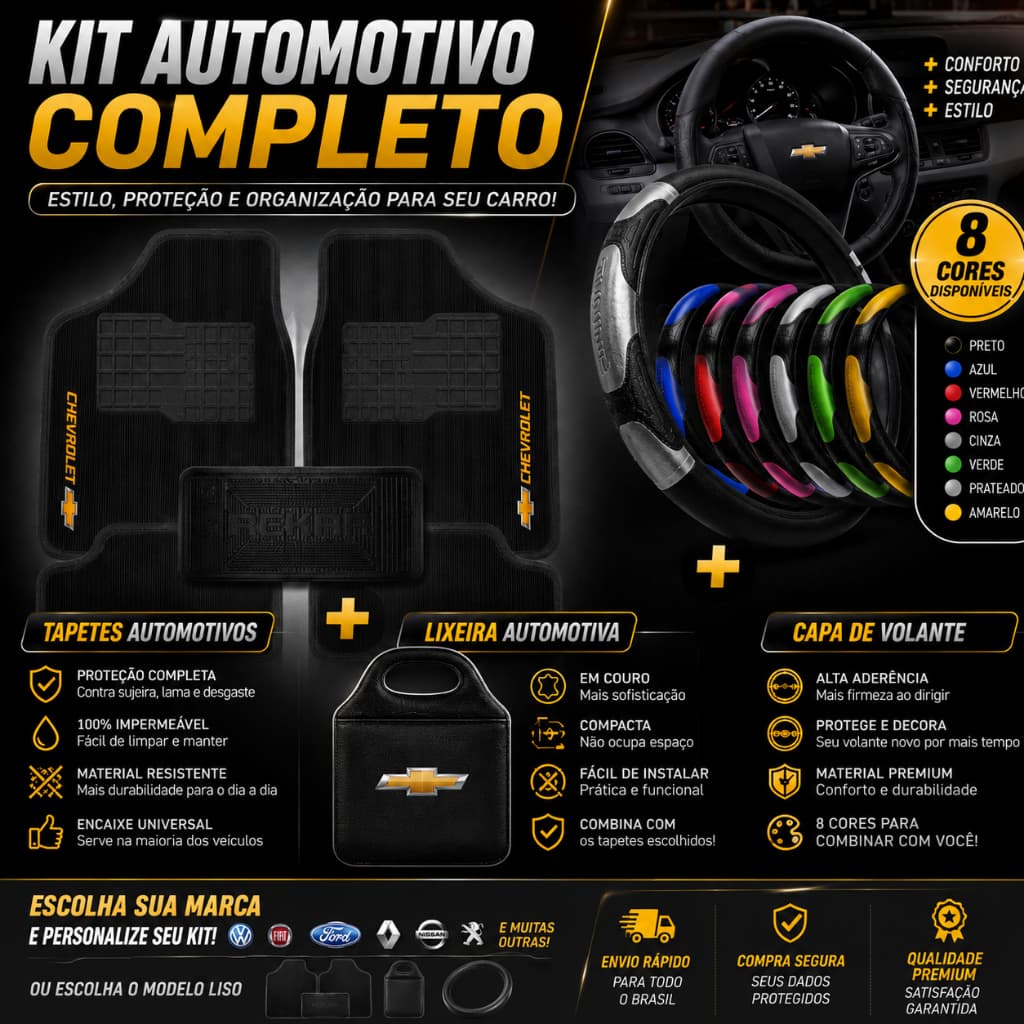 kit automotivo completo tapete 5 peças + capa de volante + lixeira liso ou personalizado em borracha os tapetes