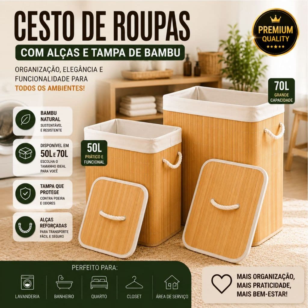 Cesto de Roupas 50L ou 70L com Tampa Bambu Organizador Lavanderia Banheiro Closet