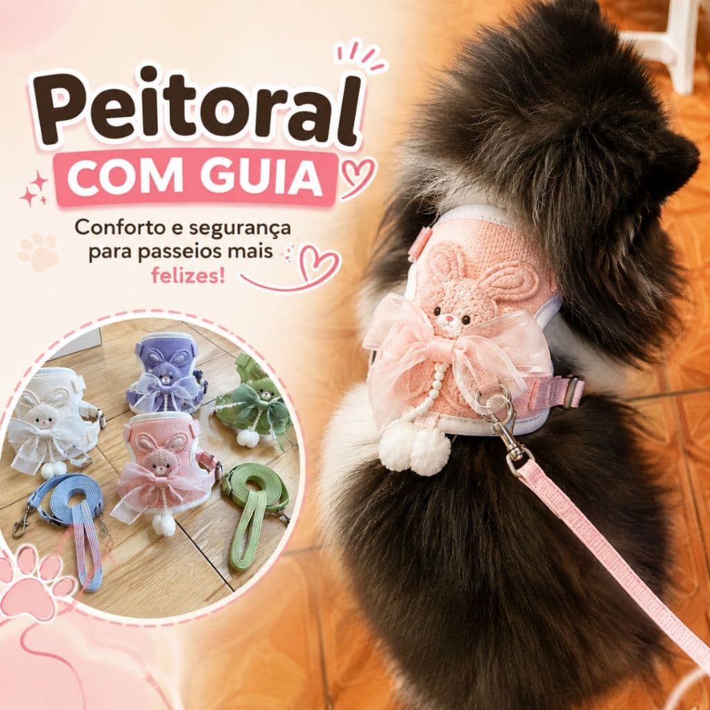 Peitoral Pet Para Cachorro Gato Filhote Com Guia Coleira Pet Confortável Ajustável