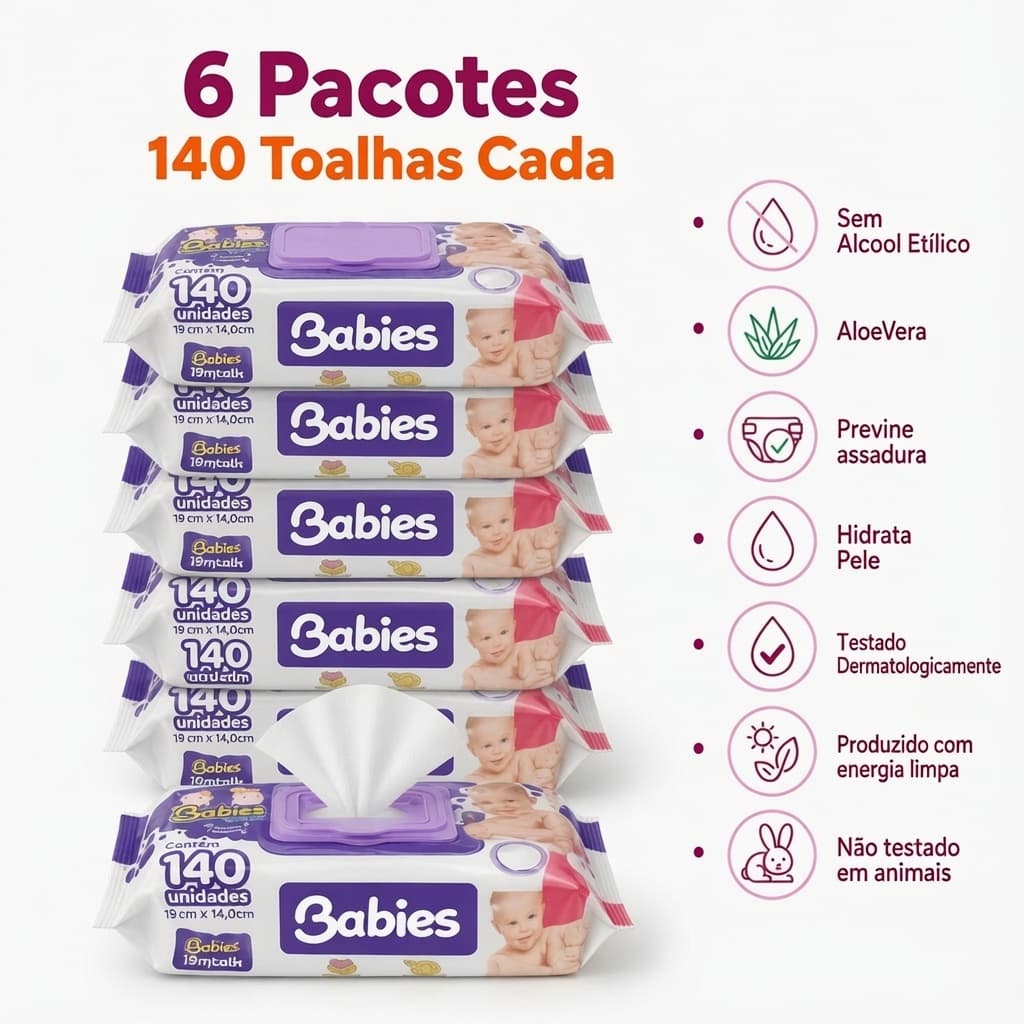 Kit 6 Pacotes C/140 Lenços Umedecidos 840 Unidades