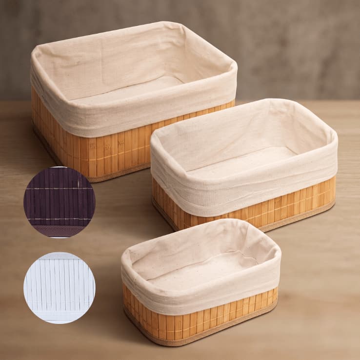 Kit 3 Cestos Organizadores Bambu Forro Removível Multiuso Cozinha Banheiro Quarto Closet Escritório