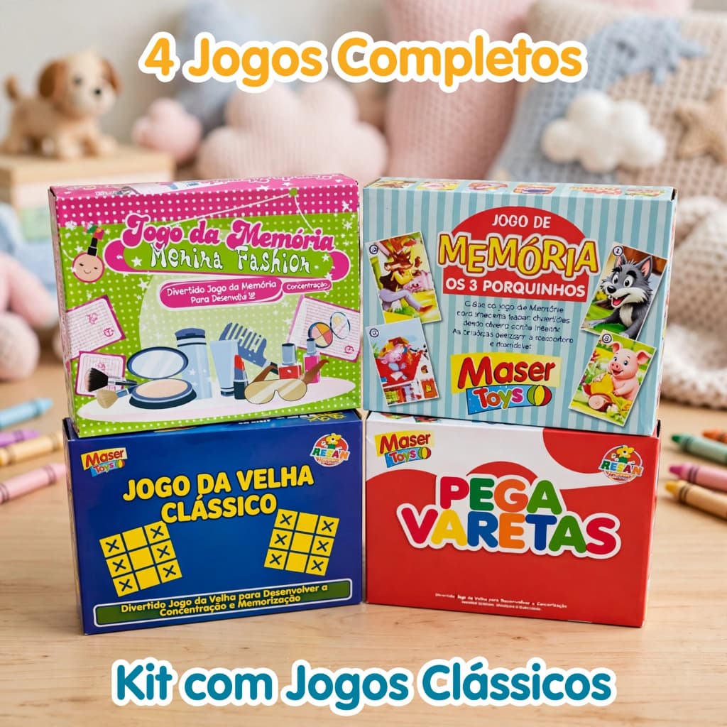Kit 4 Jogos Clássicos Infantil Memória Pega Palitos Jogo da Velha Brinquedo Família Retrô