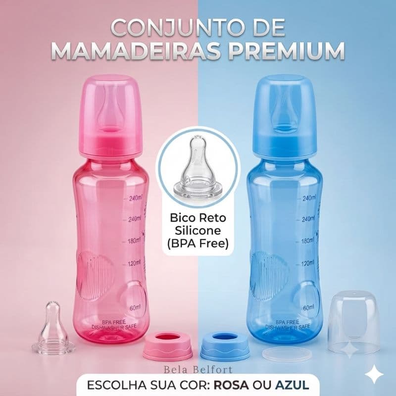 Mamadeira Infantil kit 250ml Rosa ou Azul – 2 ou 3 Unidades – Bico Anatômico Antivazamento para Bebês