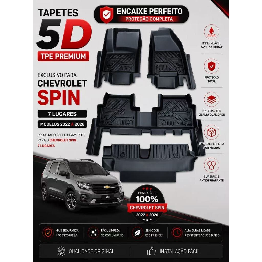 Tapete Bandeja Automotivo TPE 5D Sob Medida CHEVROLET SPIN 7 LUGARES , 2022 A 2026 ,  Resistente, Lavável