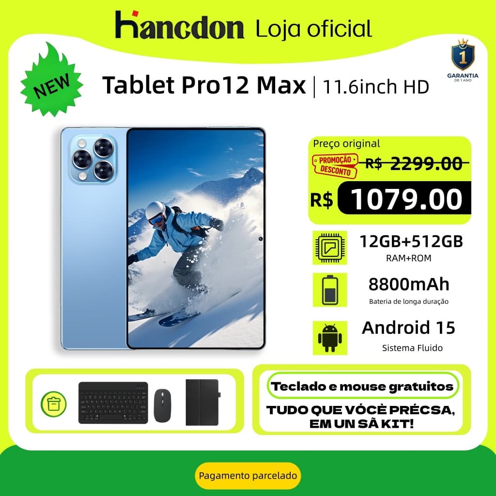 【Teclado e mouse grátis】Tablet Pro12 Max 11,6 polegadas HD 12 GB + 512 GB 8800 mAh Android 5G Bluetooth Wi-Fi