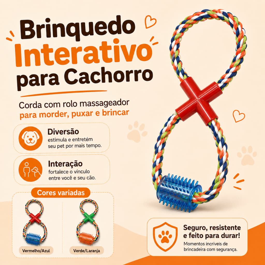 Brinquedo Mordedor de Corda para Cachorro Formato 8 Brinquedo Interativo Resistente Caes 29cm