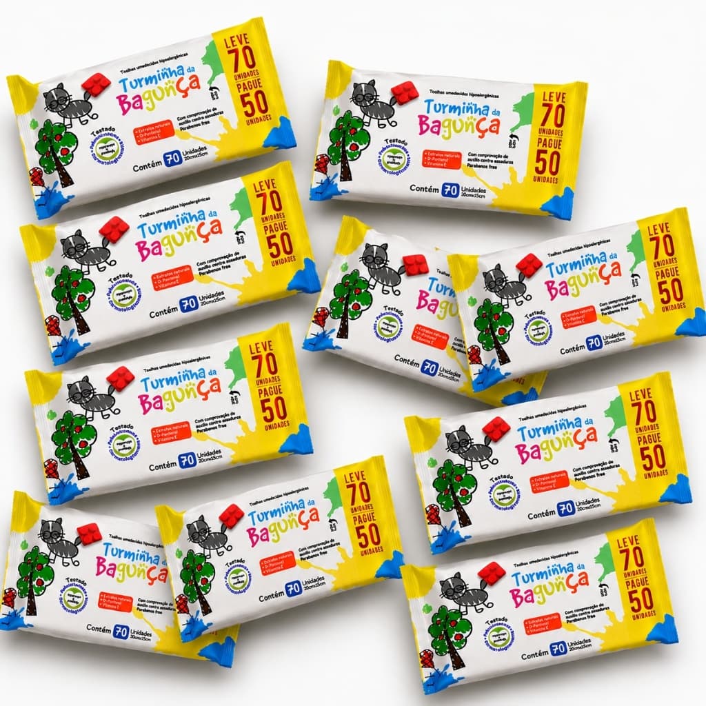 Kit 10 Lenços Umedecido Pague 50 leve 70 folhas Cada – Para Bebê e Pele Sensível – Turminha da Bagunça