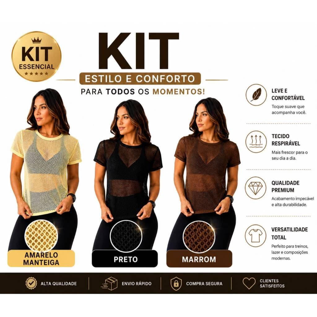 KIT Busa fitness feminina blusa tela arrastão,saída de academia  camiseta fitness feminina roupa de academia furadinha