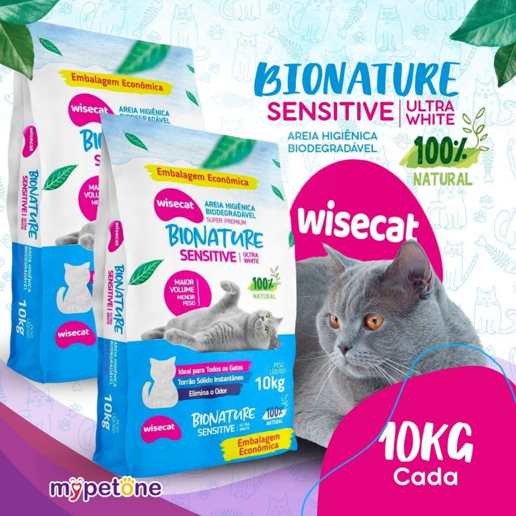 Kit 2 Areia Biodegradável Bionature 10kg Sensitive Sanitária Premium Para Gatos Wisecat
